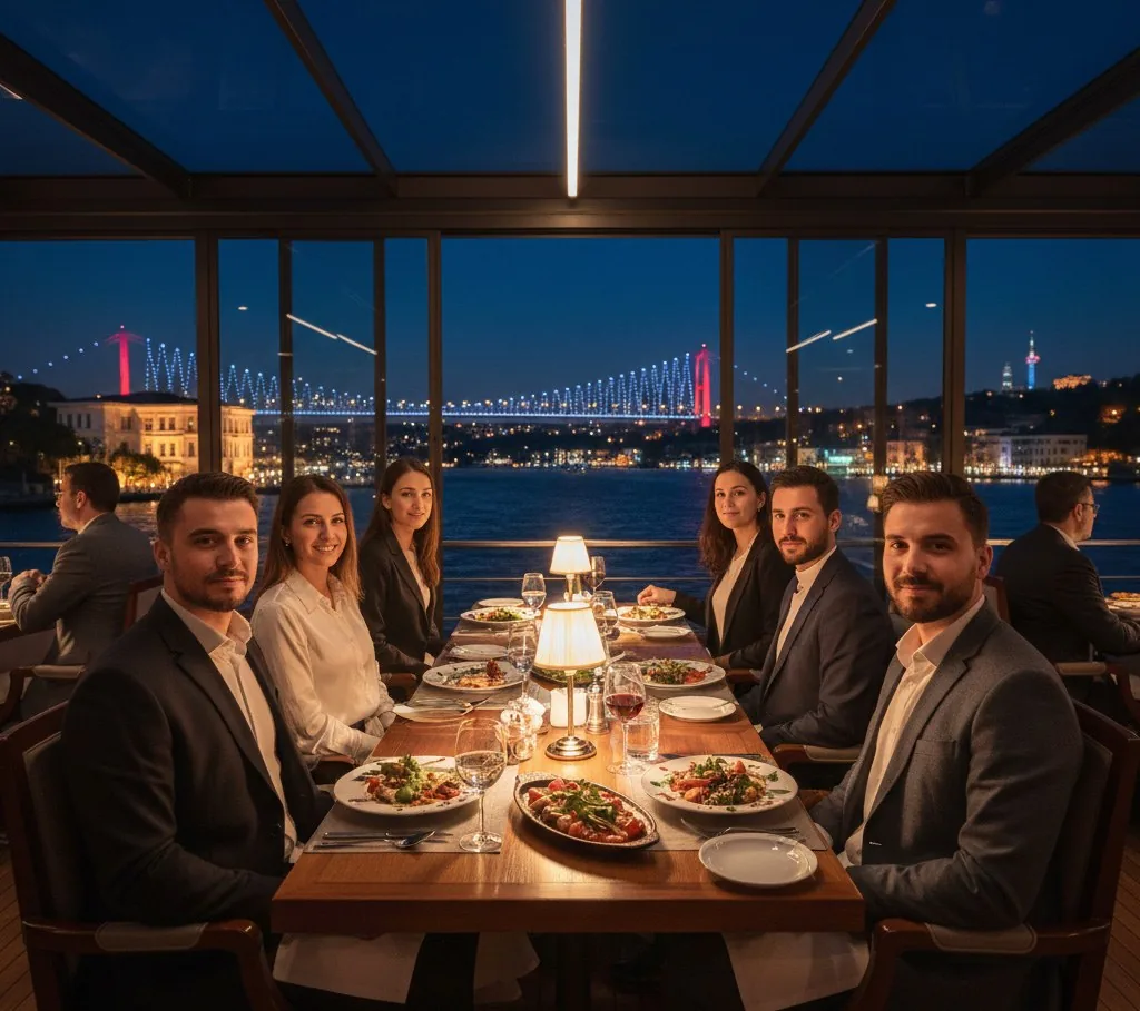 Boğaz manzaralı kapalı tekne salonunda akşam yemeği masası