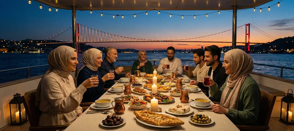 Gün batımında Boğaz manzaralı teknede iftar masası