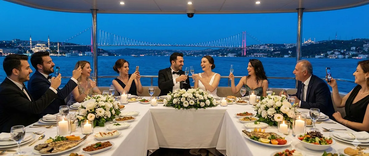 Boğaz manzarası eşliğinde nikah sonrası yemek masası